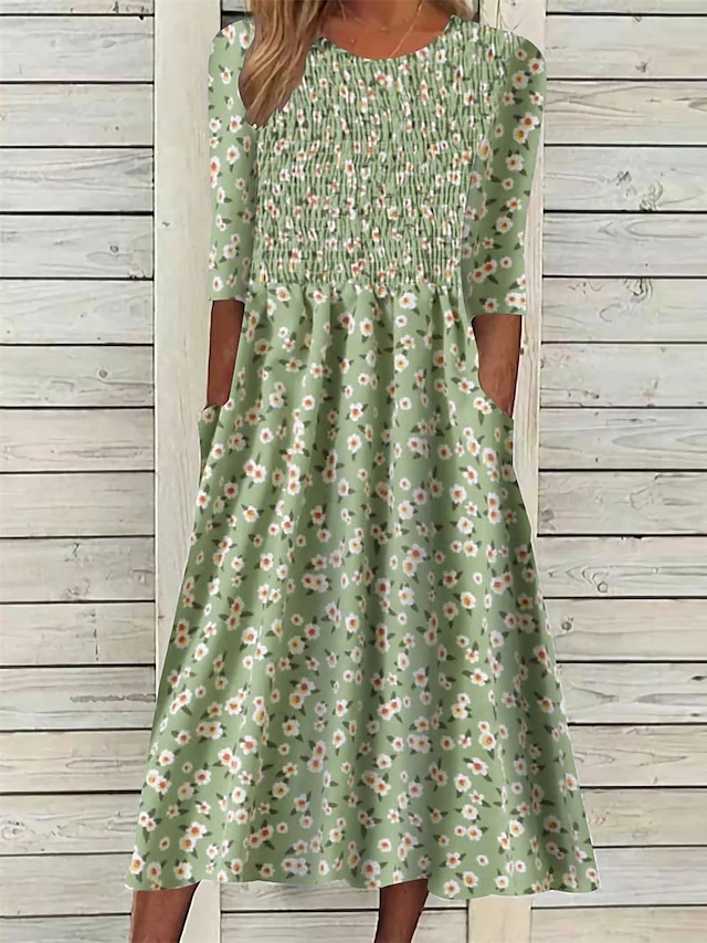  Γυναικεία Φλοράλ Ditsy Floral Σουρωτά Τσέπη Στρογγυλή Ψηλή Λαιμόκοψη Μίντι φόρεμα Καθημερινά Διακοπές Μισό μανίκι Καλοκαίρι Άνοιξη