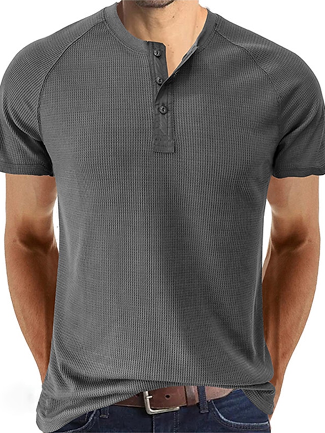  男性用 ワッフルヘンリーシャツ ヘンリーシャツ Tシャツ 平織り ヘンリー アウトドア スポーツ 半袖 ボタン 衣類 ファッション ストリートファッション