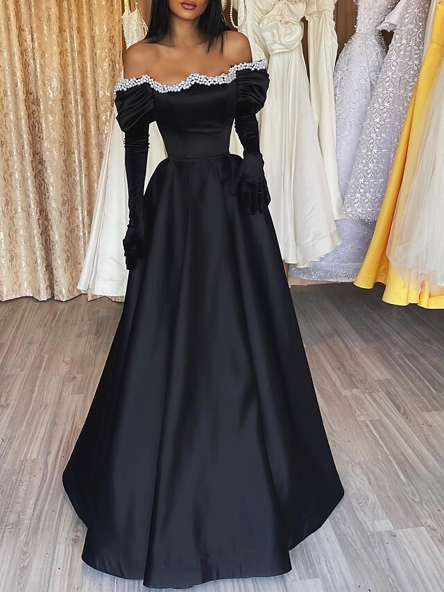 A-Line Evening Gown Elegant Dress Formal Wedding Party Floor Length Long Sleeve One Shoulder Fall Wedding Guest Chiffon with Ruched