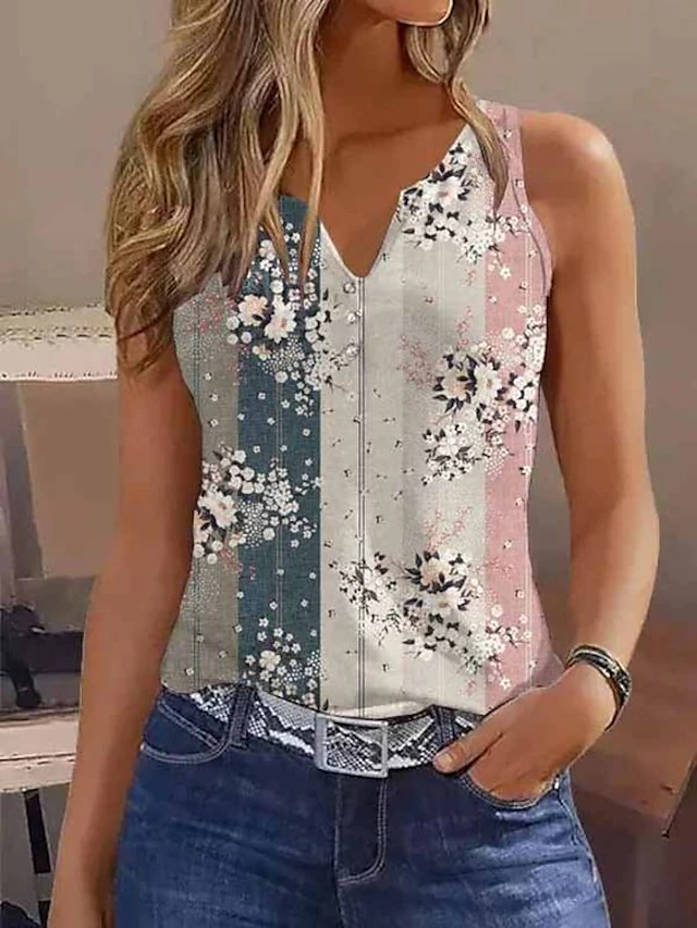 Women's Tank Top Floral White Pink Blue Button Print Sleeveless Casual ...