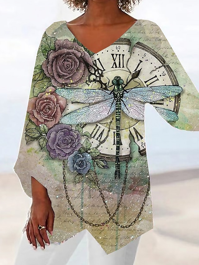  Damen Bluse Urlaub Mode Streetwear Druck Langarm Lange Oberteile V-Ausschnitt Lässig Urlaub Silber Frühling Herbst