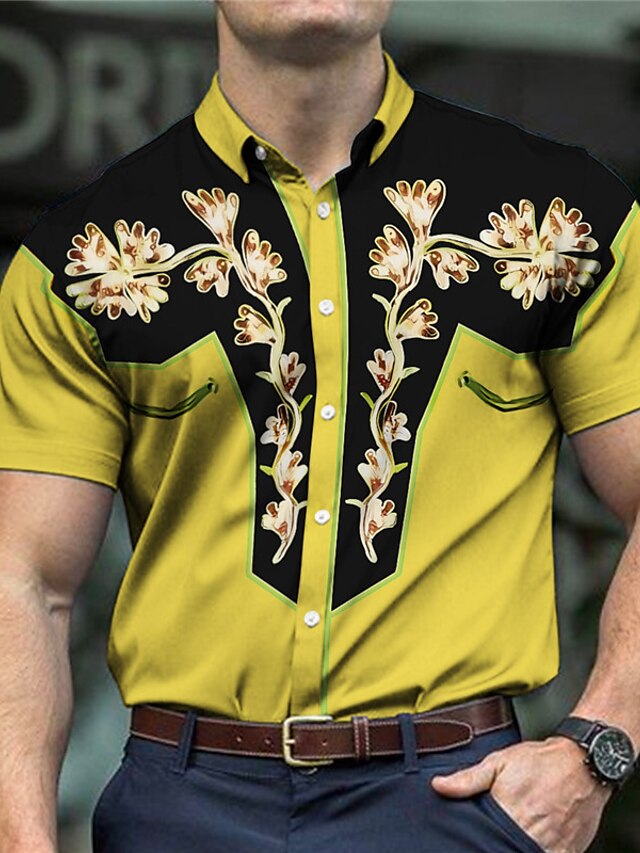 Men's Shirt Western Shirt Floral Graphic Prints Turndown Yellow Blue ...