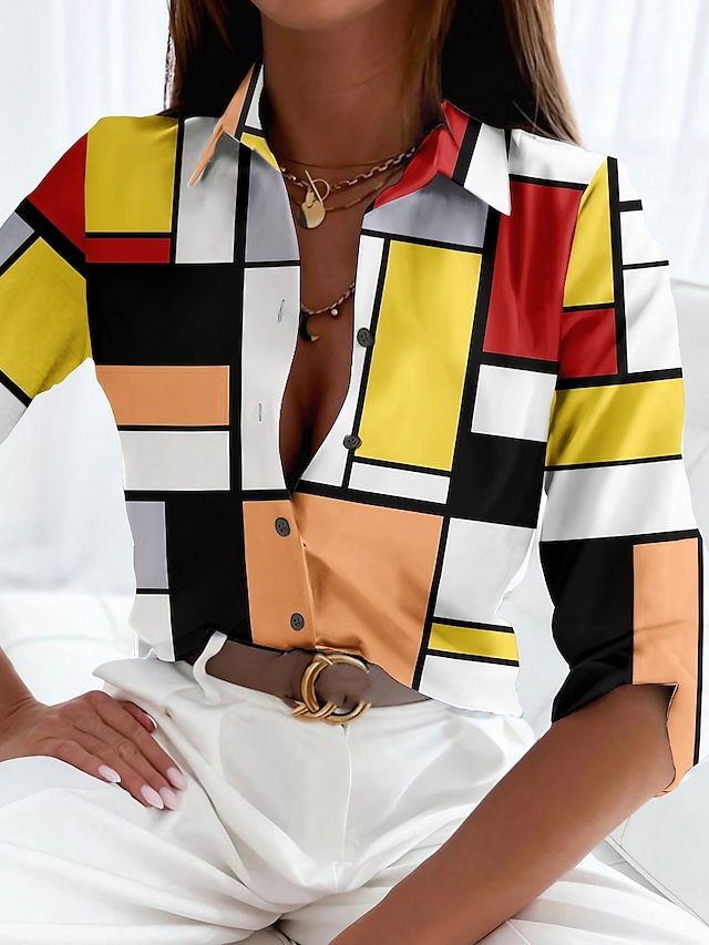  Chemise pour femmes basique color block boutons imprimé manches longues tops réguliers col de chemise décontractée vacances jaune rouge bleu printemps automne