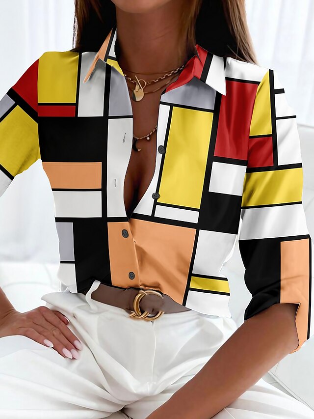 Women's Shirt Long Sleeve Button Down Blouse Basic Color Block Buttons Print Regular Tops Shirt Collar Casual Holiday Yellow Red Blue Spring Fall4