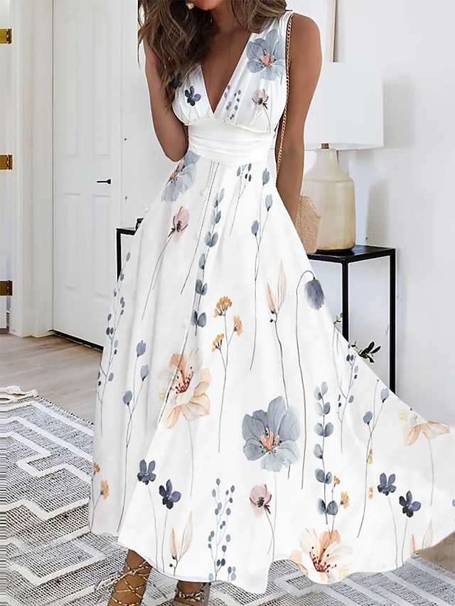  Women's Casual Dress A Line Dress Floral Print V Neck Maxi long Dress Casual Daily Date Sleeveless Summer Spring