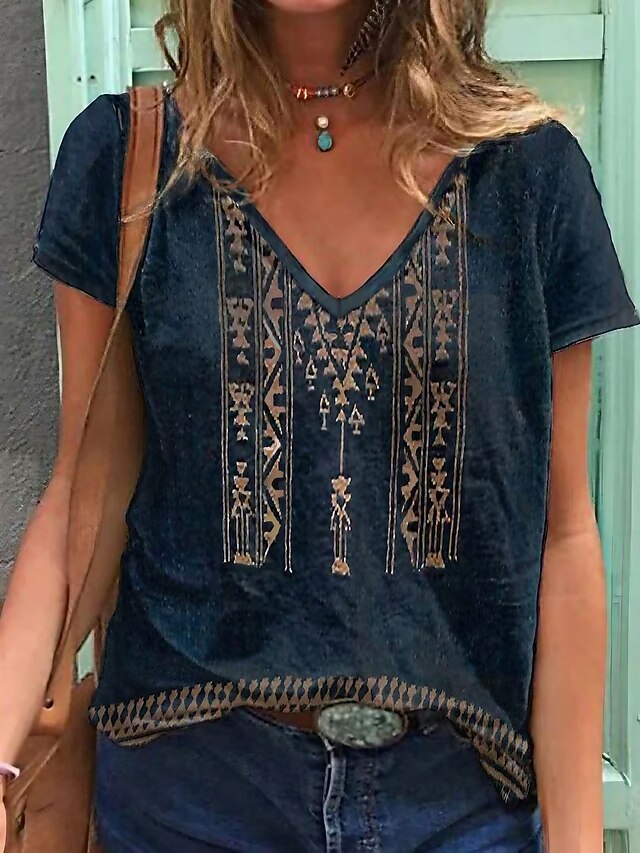 Women's T shirt Tee Blue Geometric Daily Going out Basic Ethnic V Neck S2