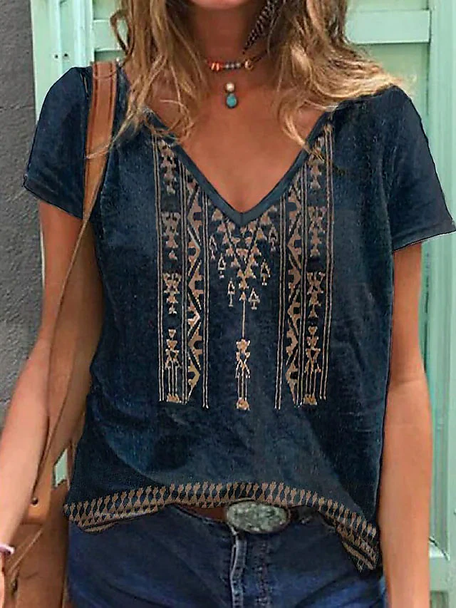 Women's T shirt Tee Blue Geometric Daily Going out Basic Ethnic V Neck S2