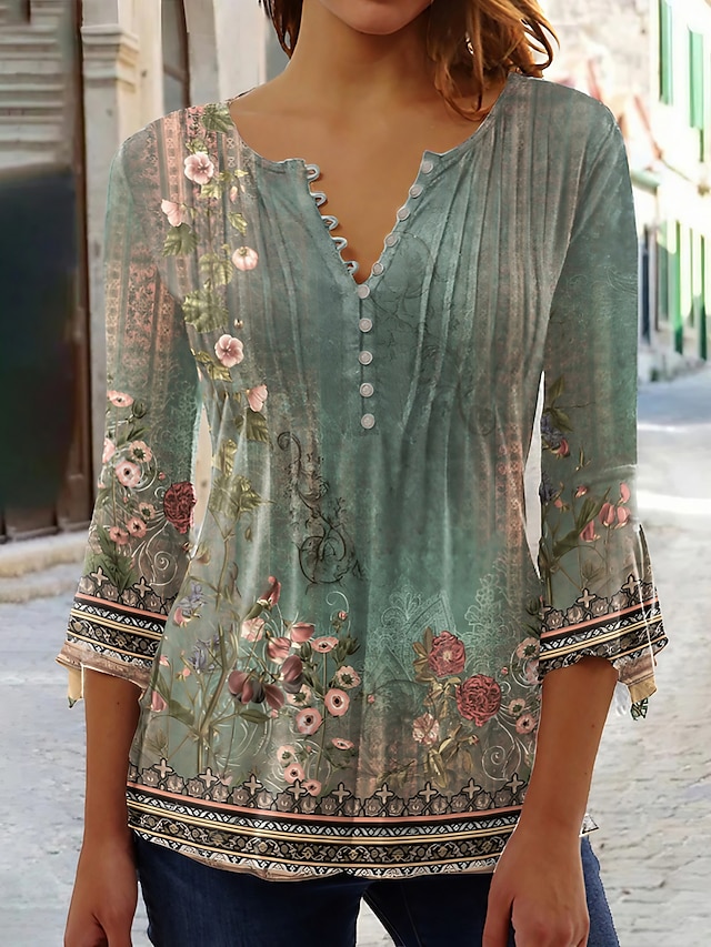  Femme Chemise Chemise Henley Shirt Chemisier Floral Vacances Fin de semaine Bouton Imprimer Vert Manches 3/4 Vêtement de rue Décontractées Col V