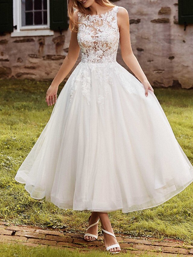 A-Line Illusion Neck Sleeveless Ankle-Length Satin Homecoming Dresses