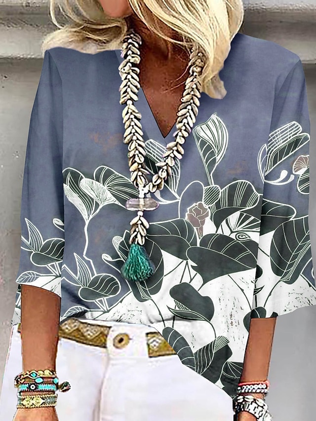  Dame Skjorte Bluse 3D Avslappet Ferie Rosa Blå Grønn Trykt mønster 3/4 ermer Grunnleggende Skjortekrage Normal