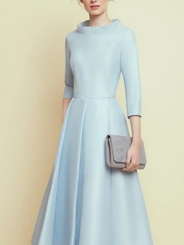 A-Line Dress Mother of the Bride Dress Elegant Vintage Bateau Neck Tea Length Satin 3/4 Length Sleeve with Beading Derby Dress Race Day Dress