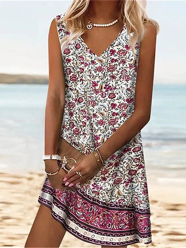  Mulheres Vestido Tipo Regata Longa Floral Floral Ditsy Imprimir Decote V Vestido midi Boêmia Boho Diário Sem Manga Verão Primavera