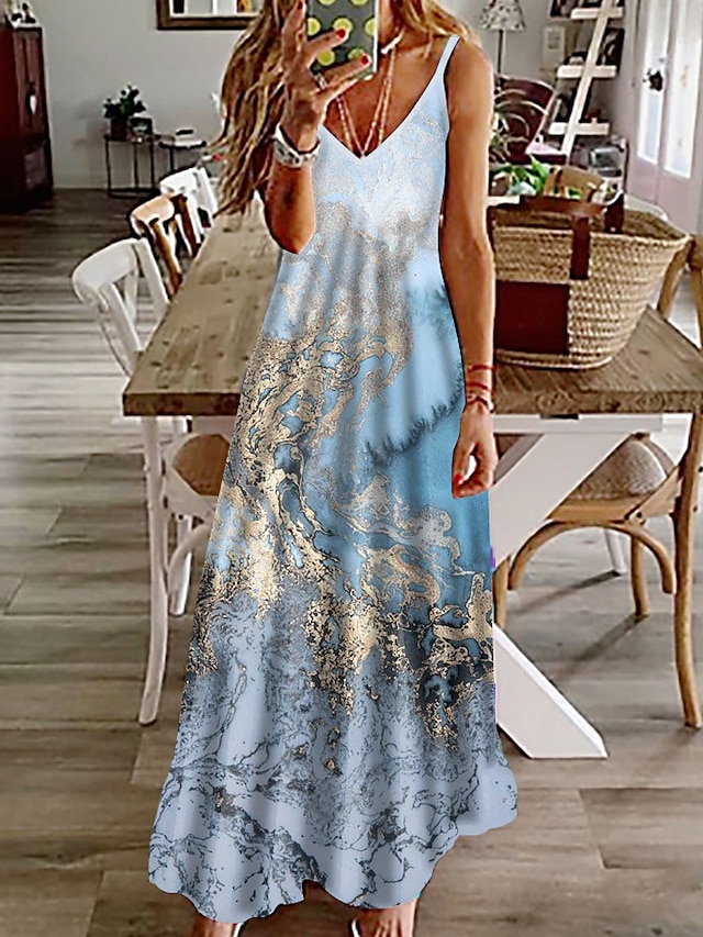  Kvinners Maxi Kjole Fritids Kjole Strandkjole Blomsterkjole Grunnleggende Klassisk Fritid Ferie Daglig Regular Fit Print Marmor Ermeløs V Utringning Khaki Lys Blå Sommer Vår