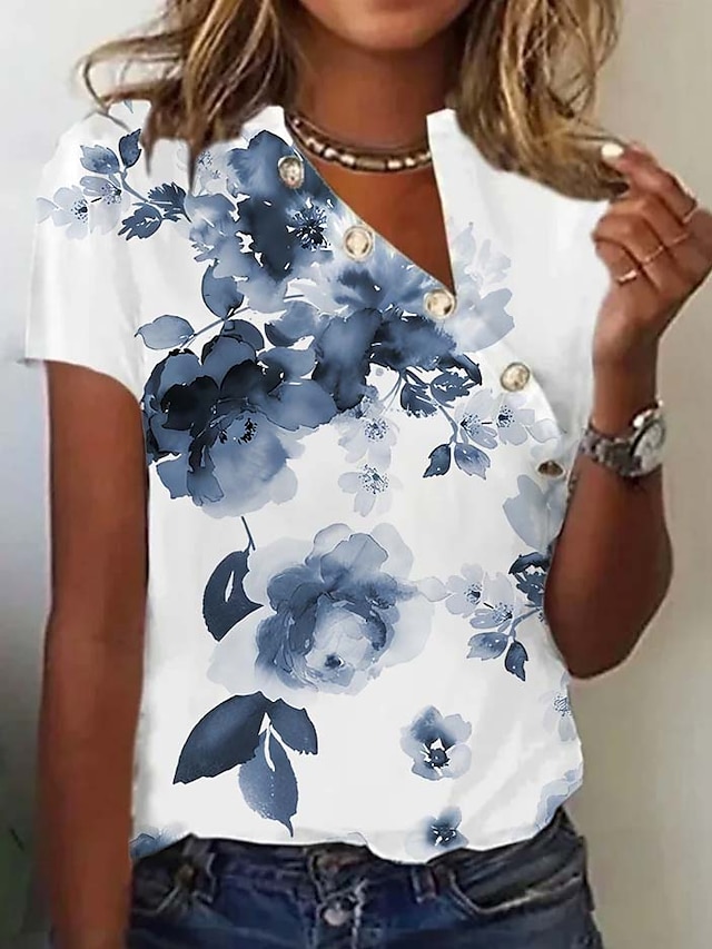  Women's T shirt Tee Floral Holiday Weekend Button Cut Out Print Blue Short Sleeve Basic V Neck