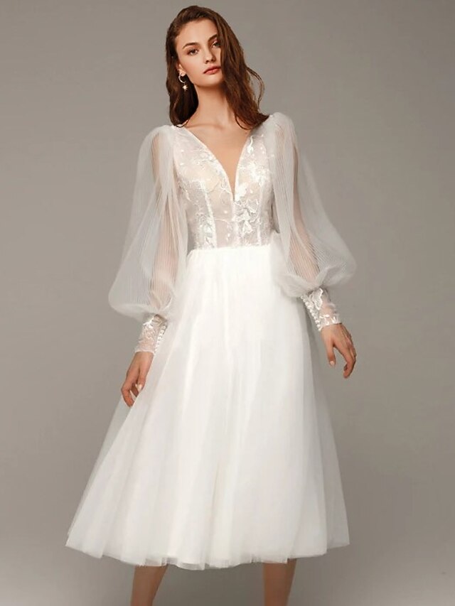 Bridal Shower Vintage 1940s / 1950s Little White Dresses Wedding Dresses A-Line V Neck Half Sleeve Tea Length Satin Bridal Gowns With Appliques Solid Color main image 0