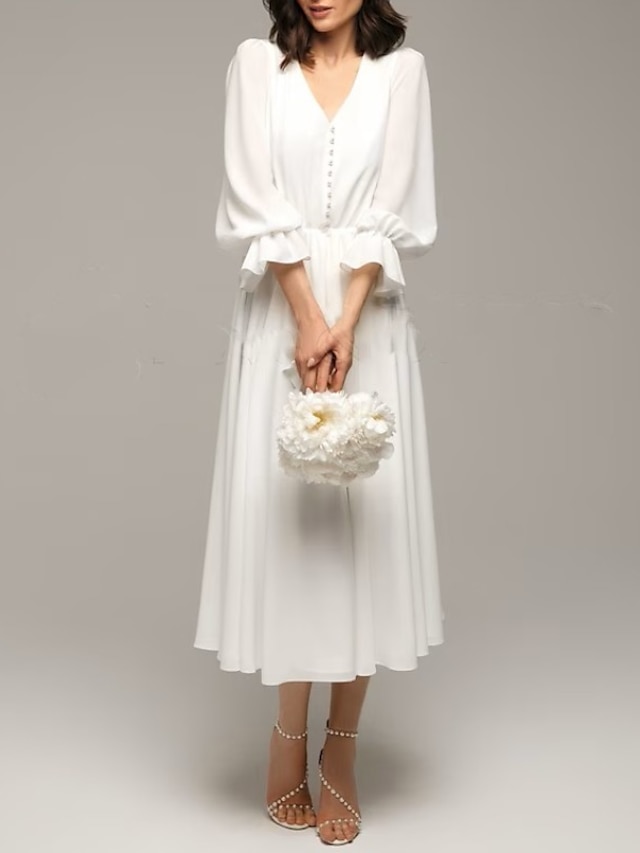  Πάρτι πριν το Γάμο Μικρά Άσπρα Φορέματα Φορεματα για γαμο Γραμμή Α Λαιμόκοψη V Αμάνικο Κάτω από το γόνατο Σιφόν Νυφικά φορέματα Με Μονόχρωμη 2024