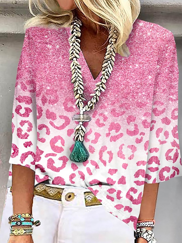  Жен. Рубашка Блуза Леопард С принтом Повседневные Классический Неоновый и Яркий Рукав 3/4 V-образный вырез Розовый