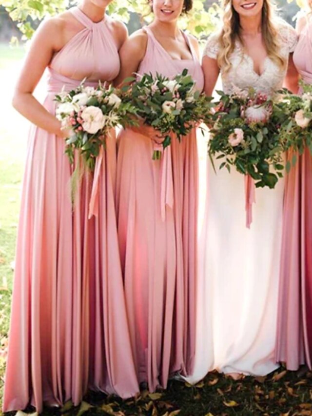 A-Line Bridesmaid Dress Halter Neck Sleeveless Elegant Floor Length Chiffon / Lace with Pleats / Appliques main image 0