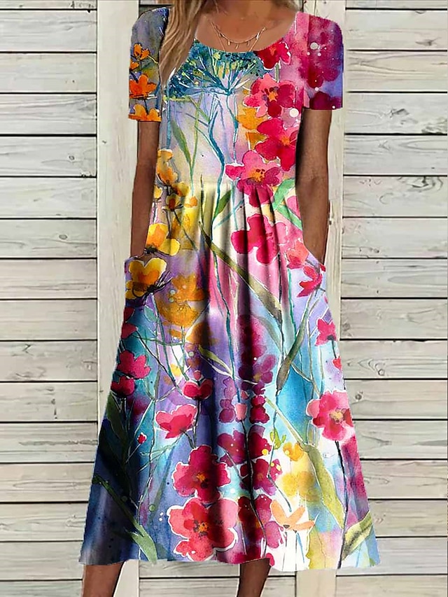 Women's Summer Dress Print Dress Floral Print Pocket Crew Neck Midi ...