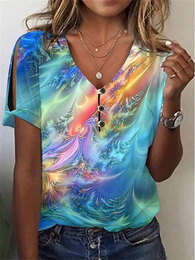  Per donna maglietta Camicia Henley Pop art Pulsante Tagliato Stampa Giornaliero Fine settimana Essenziale Neon e luminoso Manica corta A V Blu