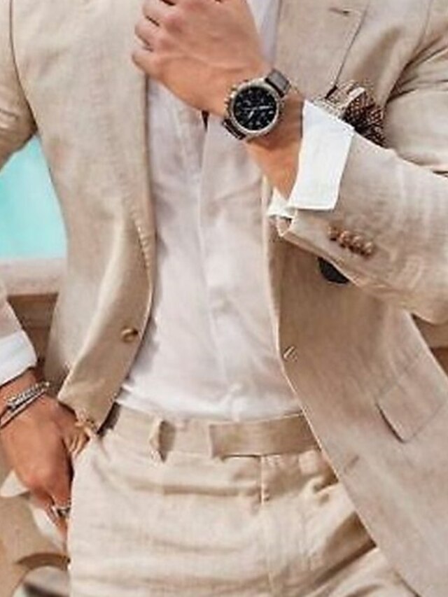 Men's Linen Suits Beach Wedding 2 Piece Summer Suits Solid Colored Tailored Fit Single Breasted