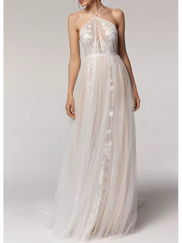 Robe de mariée trapèze élégante dos nu sans manches longue en dentelle