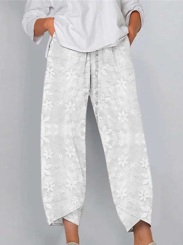  Women's Linen Pants Pants Trousers Faux Linen White Casual Holiday Vacation Side Pockets Ankle-Length Comfort Floral S M L XL 2XL