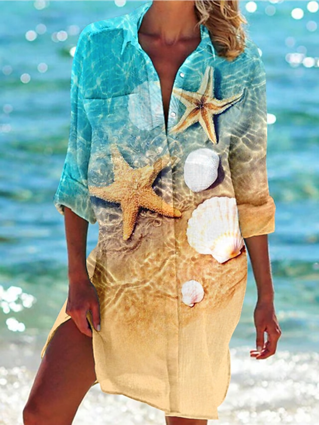  Dame Skjorte Bluse Grafisk Knapp Trykt mønster Avslappet Ferie Hawaiisk Grunnleggende Neon og lyst Langermet Skjortekrage Gul Vår Høst