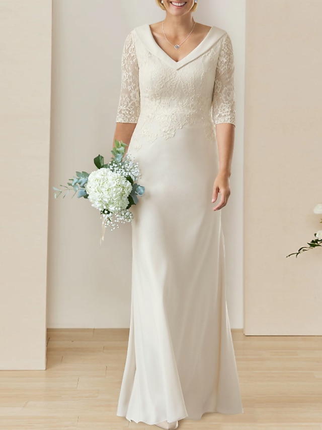  Mature Modest Wedding Dresses Sheath / Column V Neck Half Sleeve Floor Length Chiffon Bridal Gowns With Appliques Solid Color 2024