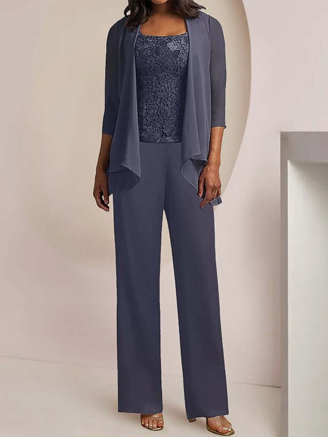DingjiTwo Piece A-Line Mother of the Bride Dress Elegant V Neck Ankle Length Chiffon Lace Sleeveless Wrap Included with Pleats Appliques