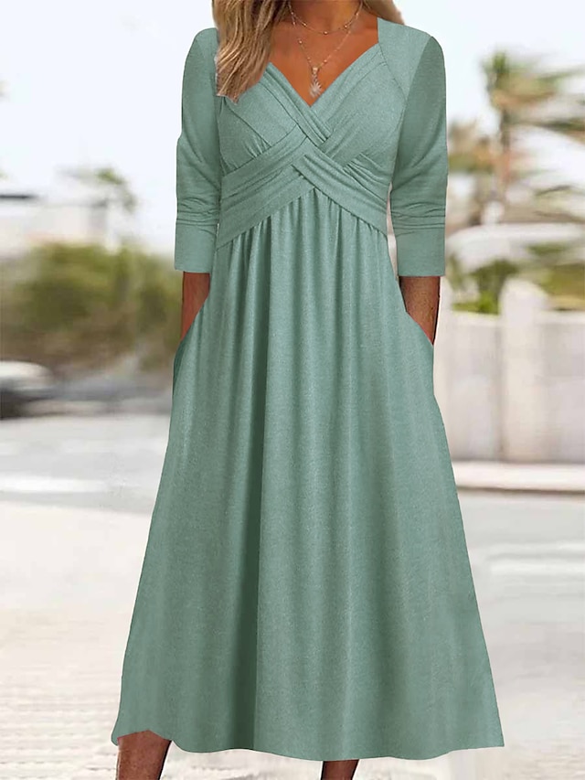  Γυναικεία Φόρεμα σε γραμμή Α Σκέτο Τσέπη Λαιμόκοψη V Μίντι φόρεμα Κομψό Καθημερινά 3/4 Μήκος Μανικιού Καλοκαίρι Άνοιξη