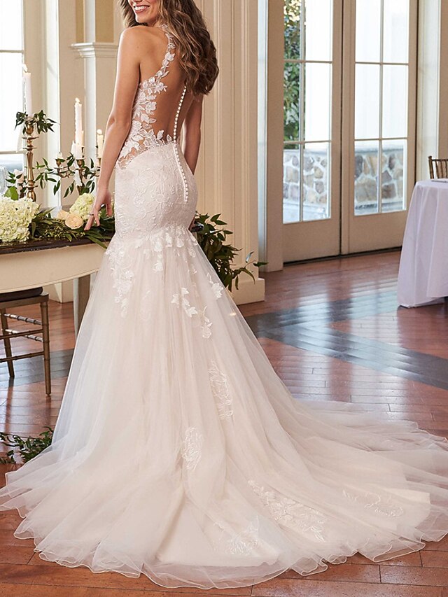 Engagement Formal Wedding Dresses Mermaid / Trumpet V Neck Sleeveless Court Train Satin Bridal Gowns With Appliques