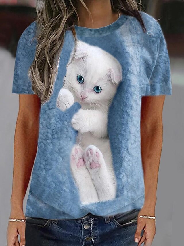 Women's T shirt Tee Cat 3D Daily Weekend White Pink Blue Print Short ...