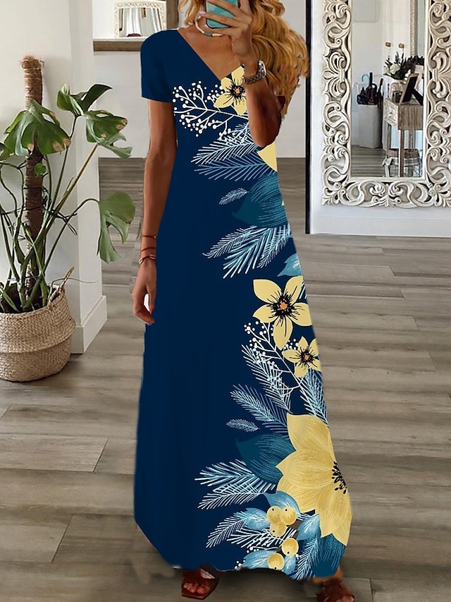  Robe Maxi Femme Robe Décontractée Robe Imprimée Robe Graphique Florale Mode Moderne Quotidien Vacances Manches Courtes Col V Robe Coupe Régulière Blanc Rose Vin Été Printemps