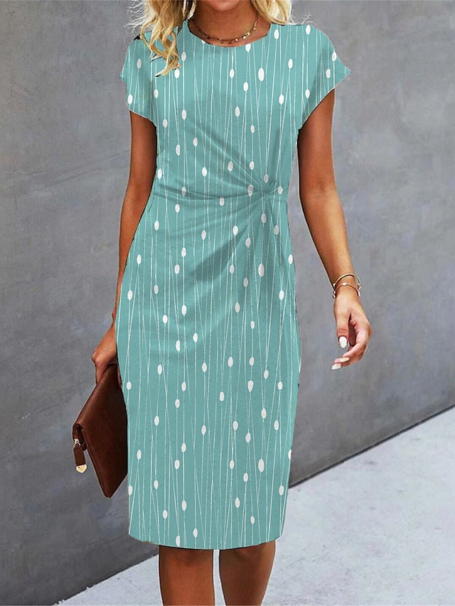 Γυναικεία Φόρεμα εργασίας Φόρεμα σε ευθεία γραμμή Ημιεπίσημο φόρεμα Μοντέρνα Μίντι φόρεμα Σουρωτά Στάμπα Στρογγυλή Ψηλή Λαιμόκοψη Κοντομάνικο Πουά Ταινία Χαλαρή Εφαρμογή Πράσινο του τριφυλλιού