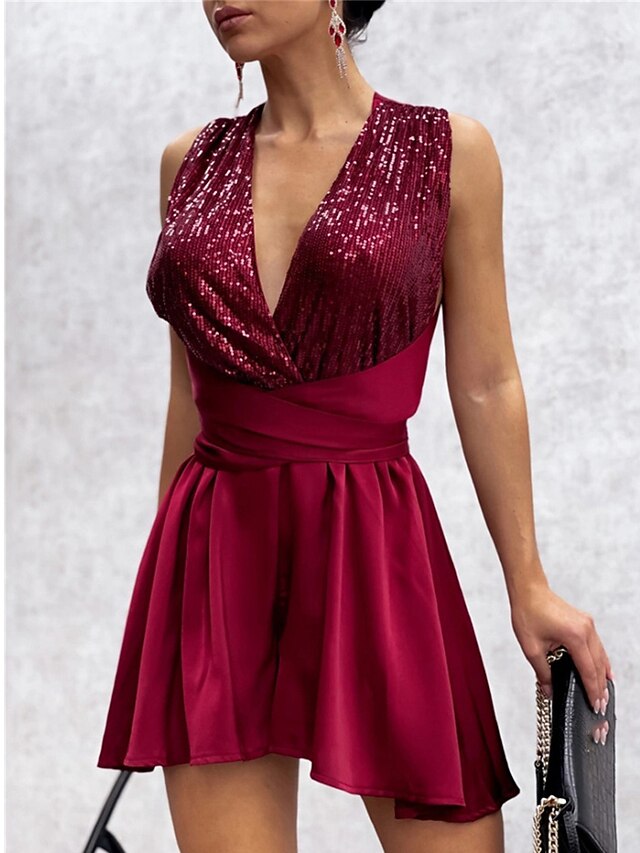 Damen Kurz Jumpsuit Pailletten Feste Farbe Tiefes V Strassenmode
