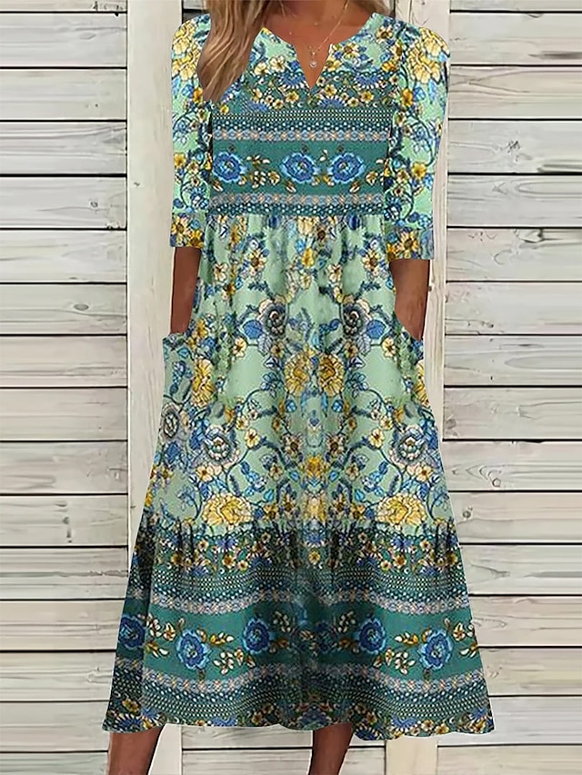  Women's Floral Ruched Print V Neck Midi Dress Vintage Ethnic Daily Vacation 3/4 Length Sleeve Summer Spring