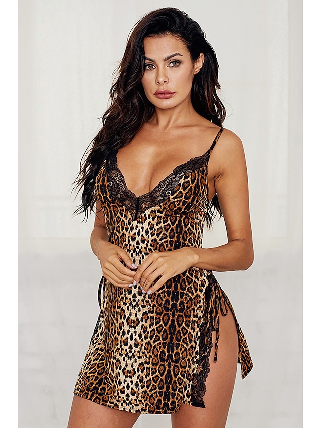  Sexy Women'S Suspender Deep V Leopard Print Nightdress Side Open Underwear