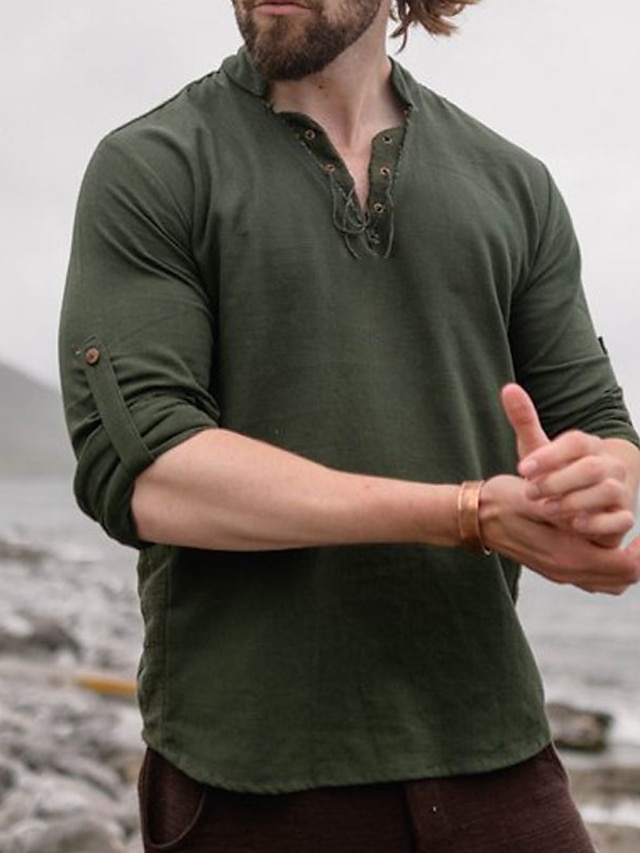  Hombre camisa de lino Camisa casual Camisa de verano Camisa de playa Verde Claro Marrón Manga Larga Plano Escote en Pico Primavera verano Casual Diario Ropa Correa