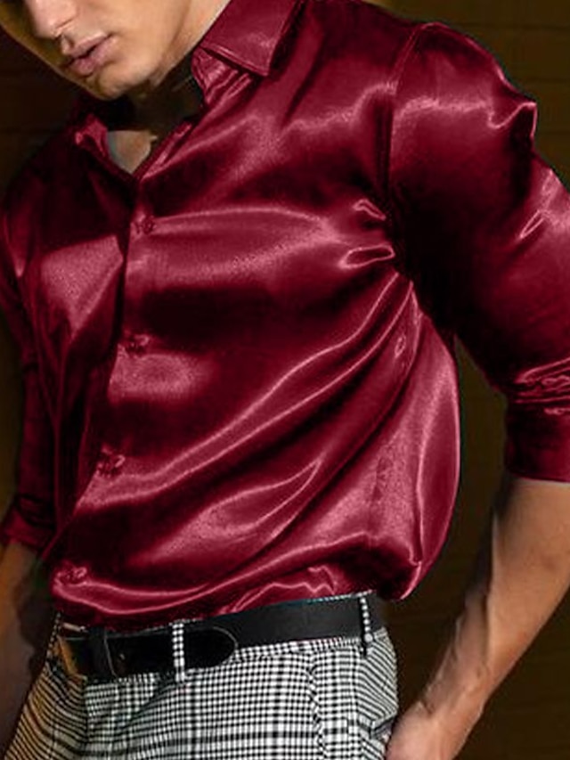  Herre Skjorte Button Up skjorte Casual skjorte Silkeskjorte i satin Sort Hvid Blå Rød Grøn Langærmet Vanlig Knaphul Daglig Ferierejse Tøj Mode Afslappet Bekvem