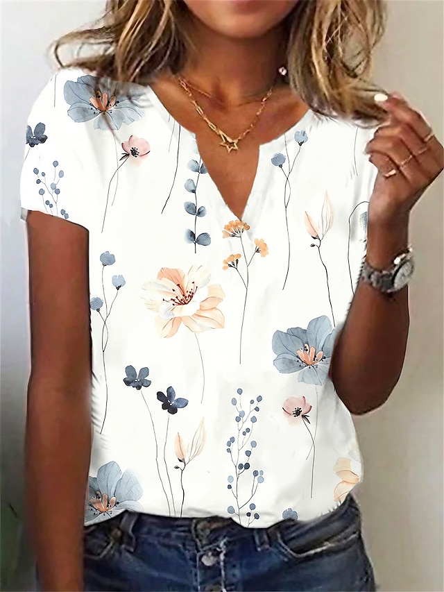  Femme T shirt Tee Chemise Henley Shirt Feuille Vacances Fin de semaine Imprimer Blanche Manche Courte basique Col V