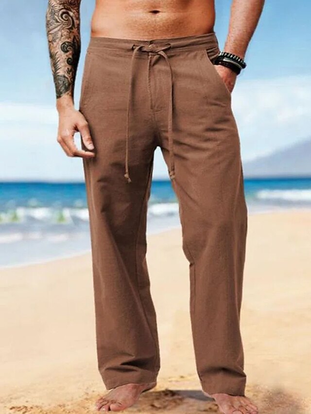Men's Linen Pants Trousers Summer Pants Beach Pants Plain Breathable Soft Casual Daily Holiday Fashion Streetwear Brown Inelastic2