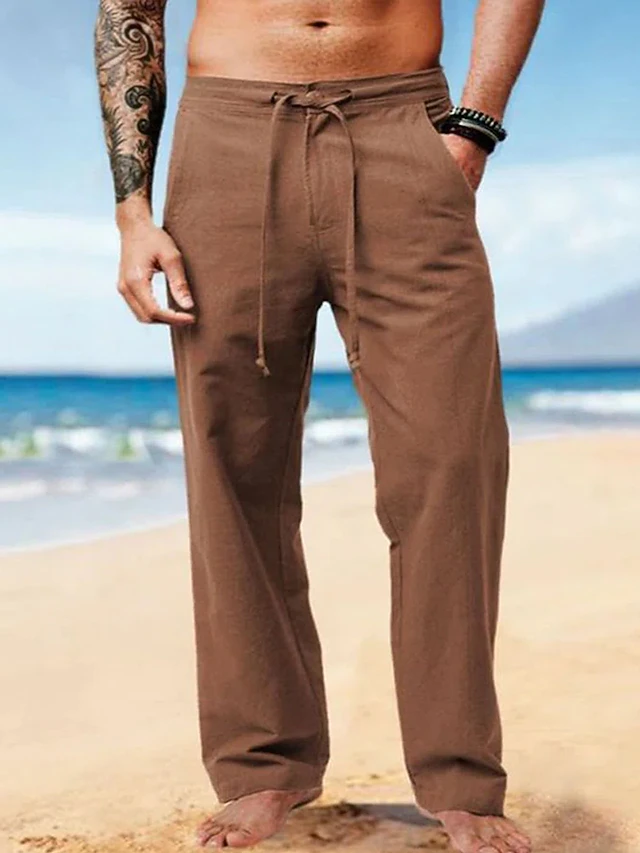 Men's Linen Pants Trousers Summer Pants Beach Pants Plain Breathable Soft Casual Daily Holiday Fashion Streetwear Brown Inelastic2