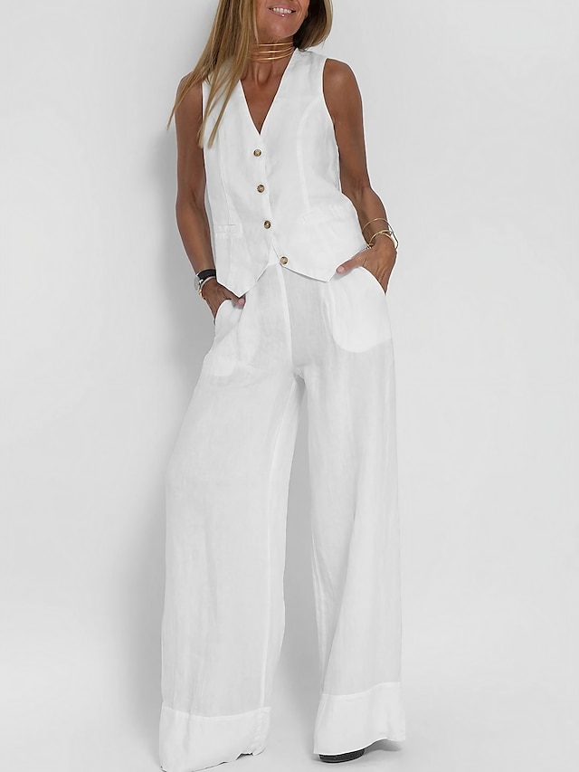  Women's Tank Top Pants Sets Plain Casual Daily White Sleeveless Streetwear V Neck Fall & Winter