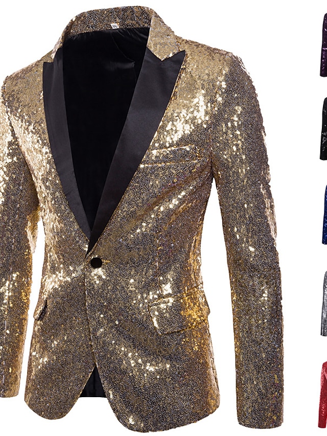  Men's Blazer Performance Cocktail Party Punk Fashion Spring Fall Sequin Solid Color Pocket Shining Single Breasted One-button Blazer Silver Black Red Blue
