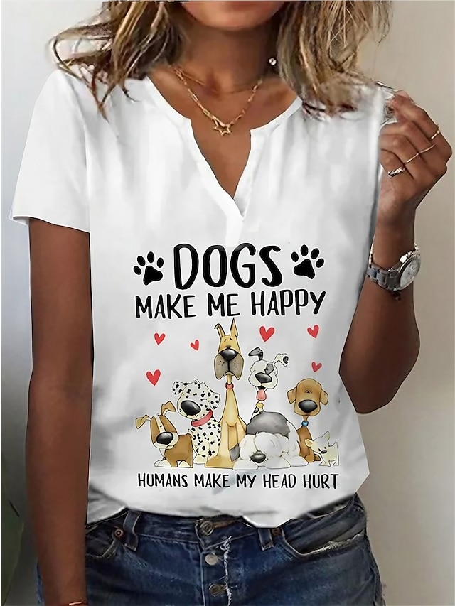  Dame T-shirt Henley-skjorte Hund Bogstaver Daglig Weekend Trykt mønster Sort Kortærmet Basale V-hals