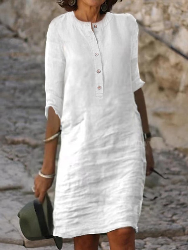  שמלת חולצה קז'ואל לנשים שמלת כותנה פשתן שמלת משמרת שמלת מידי שמלת במבוק אופנה בסיסית חיצונית יומית חופשה יומית כפתור צווארון כפתור 3/4 אורך שרוול קיץ אביב סתיו 2023 התאמה רופפת לבן