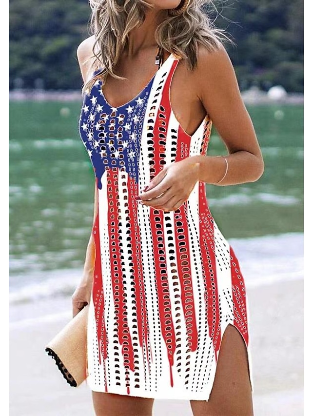  Women's Swimwear Cover Up Normal Swimsuit Hollow Out Printing American Flag Black White Bathing Suits Sports Beach Wear Summer