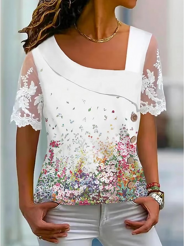  Damen Hemd Spitzenhemd Bluse Blumen Spitze Bedruckt Casual Festtage Elegant Modisch Basic Kurzarm V Ausschnitt Weiß