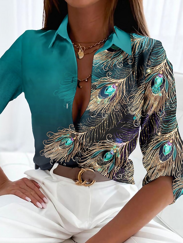  Women's Shirt Blouse Feather Casual Button Print Green Long Sleeve Basic Neon & Bright Shirt Collar Spring Fall